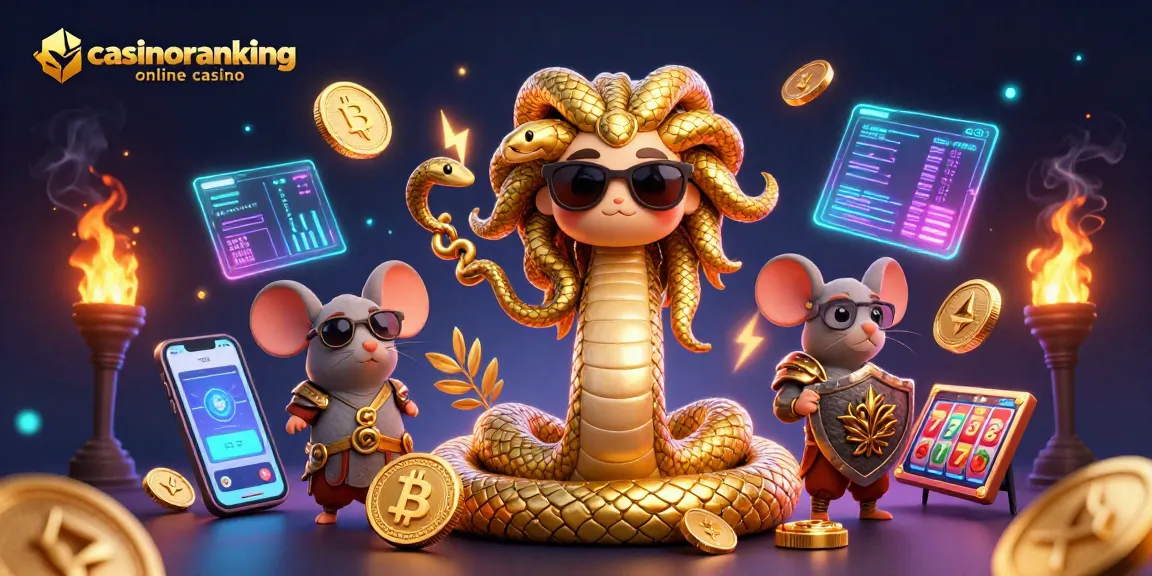 Experience the excitement of casinoranking online casino with 3D Medusa and a warrior mouse surrounded by crypto coins.