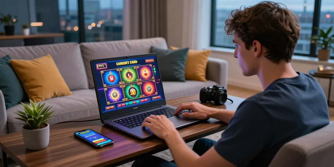 Player enjoying online games at a credit card casino from https://transact.org.uk, showcasing modern home ambiance and thrill.